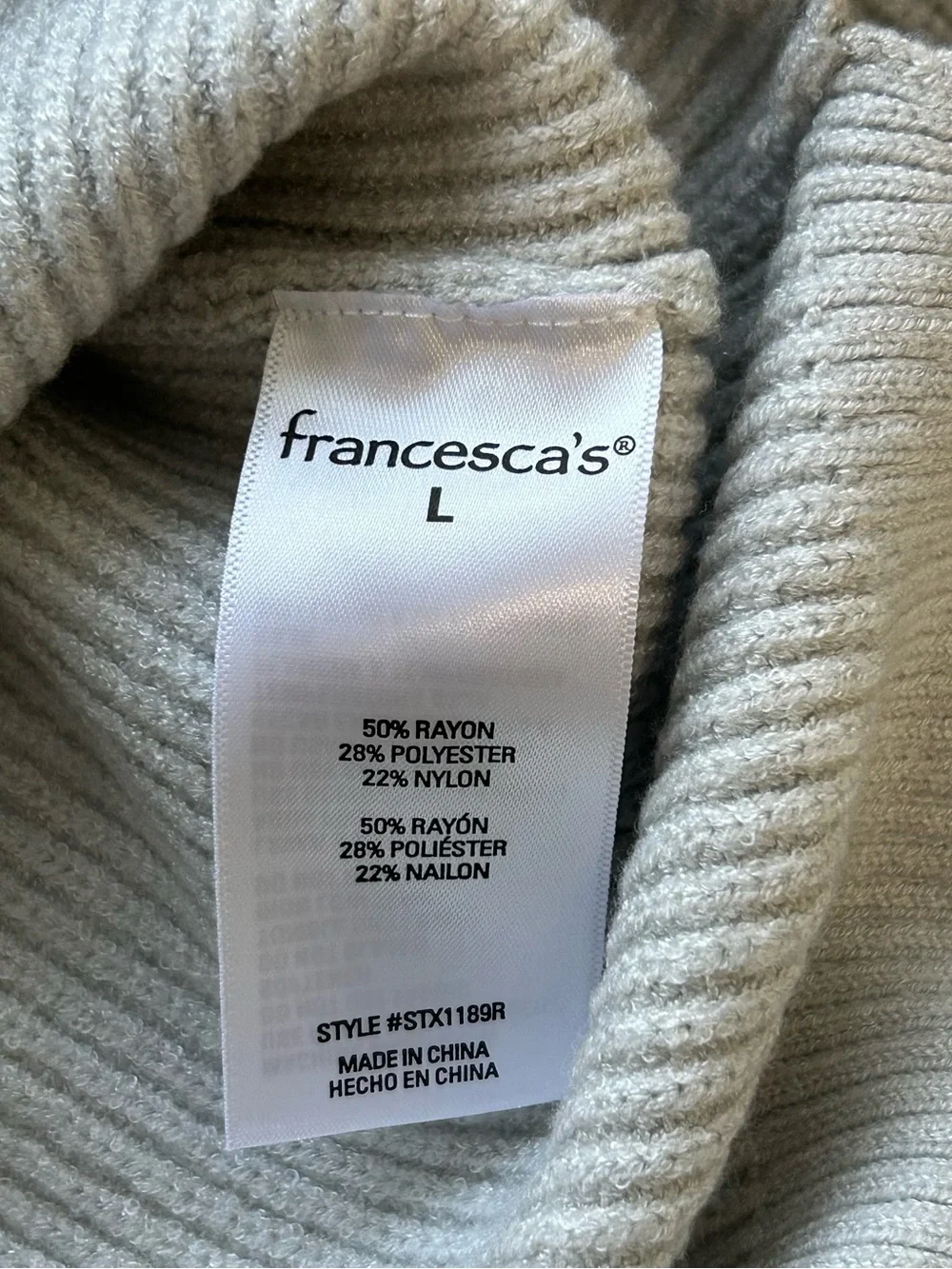 Francesca’s Women’s Large Sweater Gray V Neck Ribbed Knit Long Sleeves